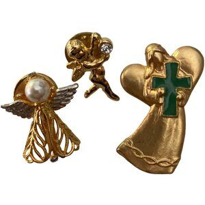 3 Angel Cherub Brooch Lapel Pins Tie Tacks Gold Tone Faux Pearl Rhinestone